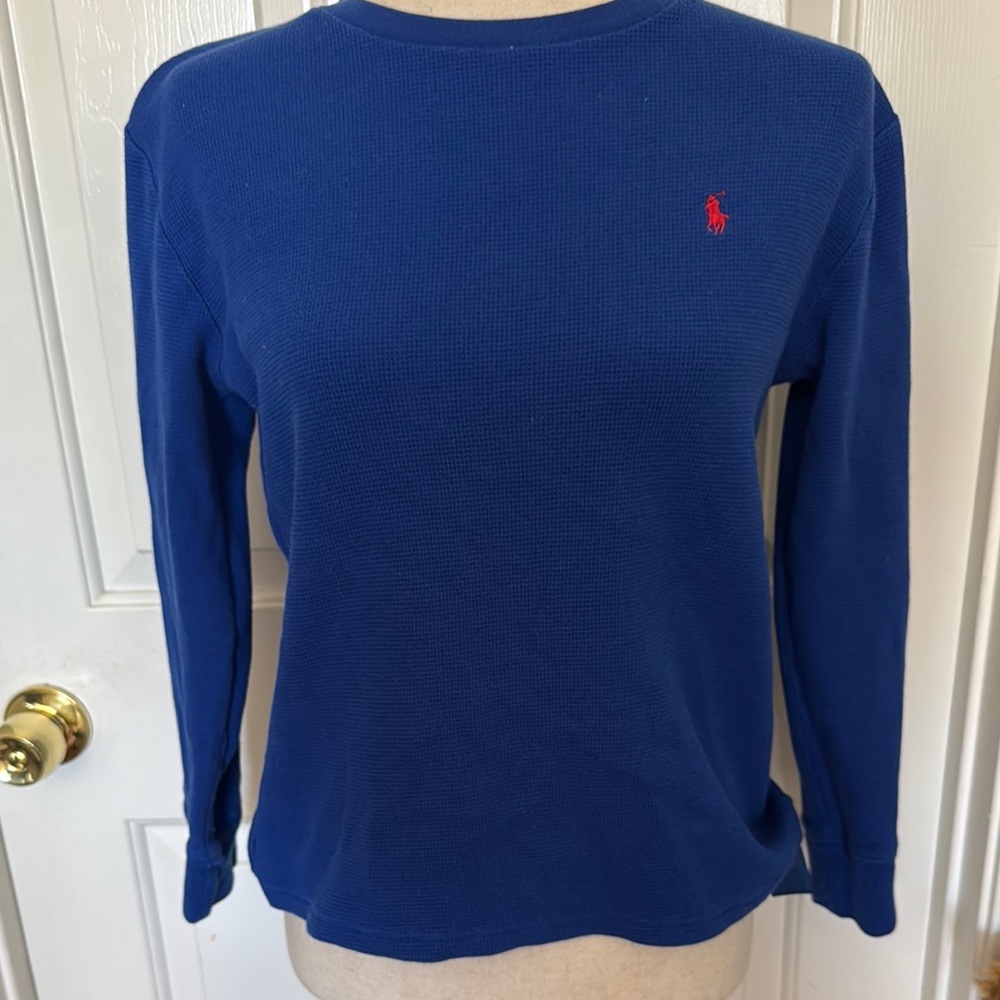 Blue Long Sleeve Shirt with Red Logo